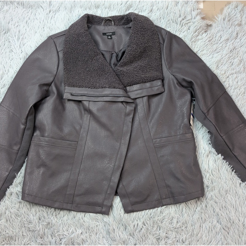 Alfani Jacket Womens XL Gray Asymmetrical Zip Faux Leather Pockets Preppy New